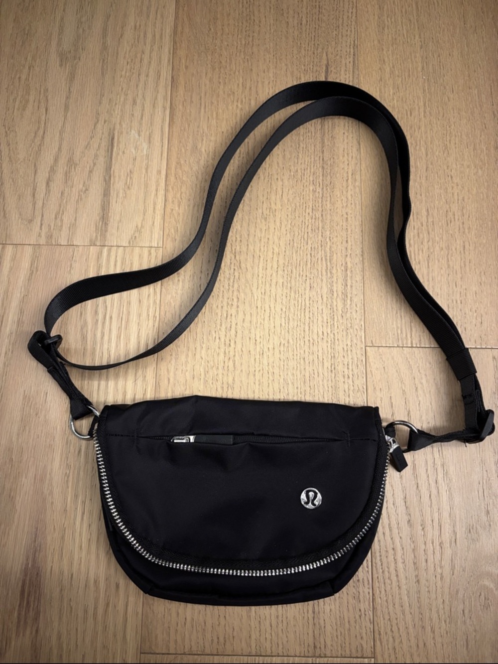 lululemon athletica Black Nylon Sling Bag with Silver Hardware